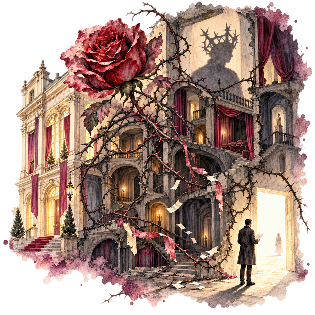 Eine rote Rose und dornige Ranken durchziehen ein verfallenes Kulturhaus mit Bühne, Treppen und einem hellen Ausgang.
